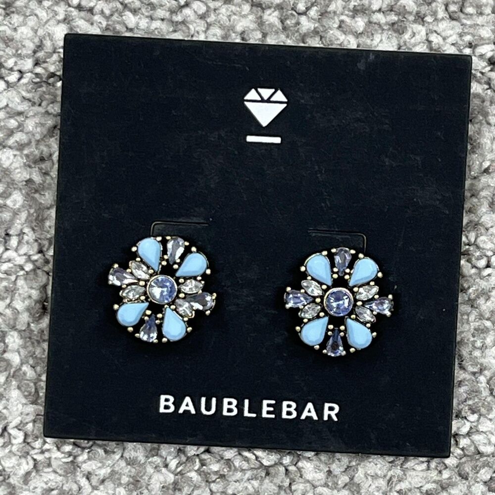 BaubleBar Blue Flower Stud Earrings Rhinestone Gold Tone Women Jewelry Statement